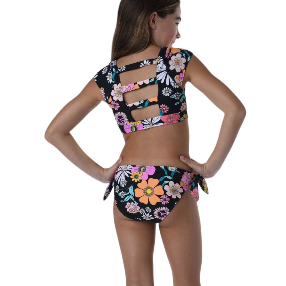 Hobie Bikini Girls 14 Peace, Love, & Daisies Cap Sleeve Black Floral - Picture 6 of 6